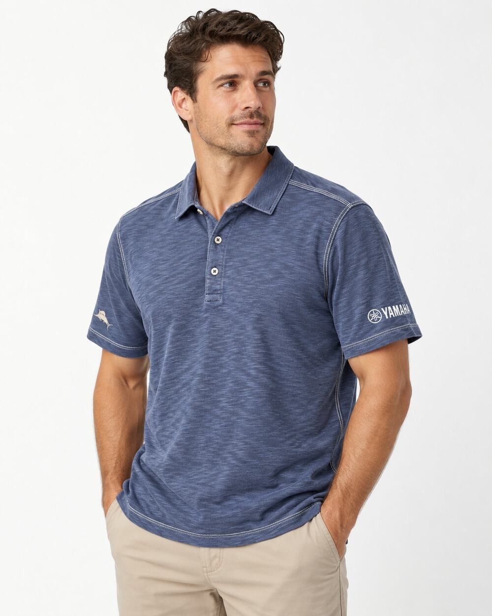 Tommy Bahama Yamaha Polo Shirt Men's L Blue Tencel Modal Marlin Embroidered
